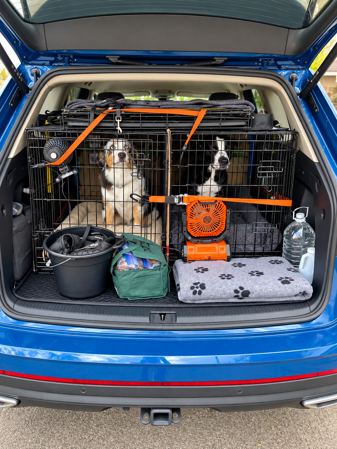 Two dogs secured in travel crates in a vehicle